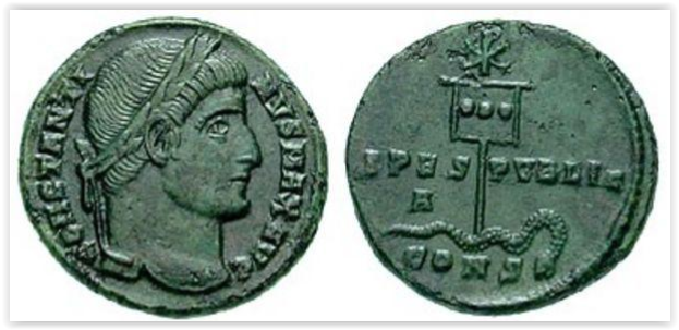 Bronze coin with a chi-rho atop a standard piercing a serpent. Bronze coin with a chi-rho atop a standard piercing a serpent.