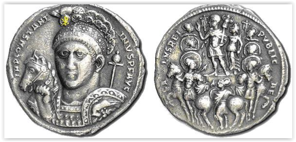 Silver medallion with a chi-rho on the crest of the helmet. Silver medallion with a chi-rho on the crest of the helmet.
