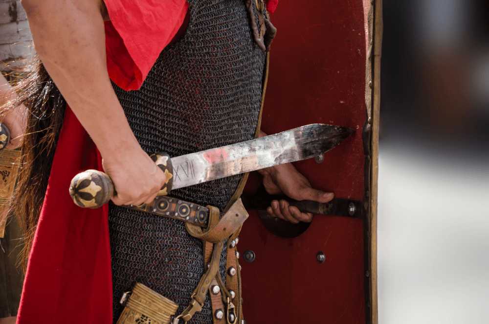 The rear of a Roman scutum shield showing the grip handle